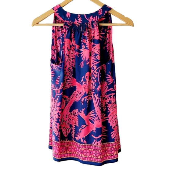 Lilly Pulitzer Silk Fushia and Navy Bird Print Sleeveless Blouse High Low XS - Picture 2 of 5